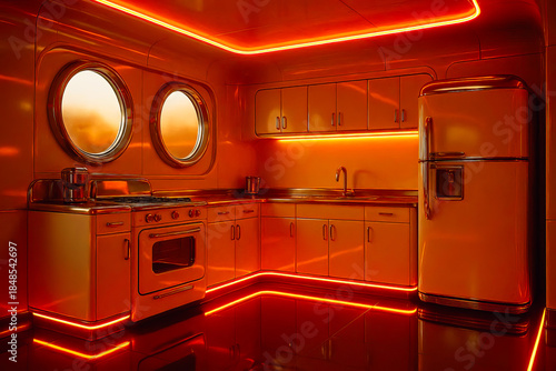 Futuristic Kitchen Interior with Red Neon Lights, Sci-Fi Home Design Concept

