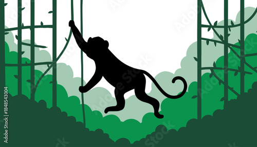 Silhouette of a monkey swinging on a vine in a lush green jungle environment, depicting wildlife and nature.