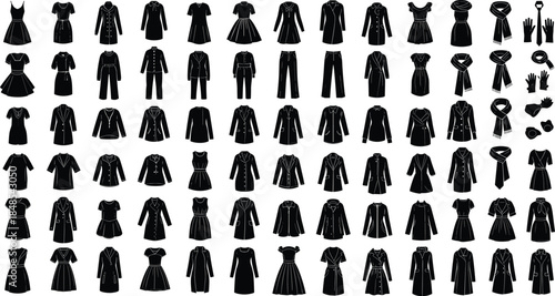 Women's fashion silhouette icons set, black vector clothing collection, dresses, jackets, hats, gloves, accessories, wardrobe elements, stylish outfit symbols for design, retail, and planning