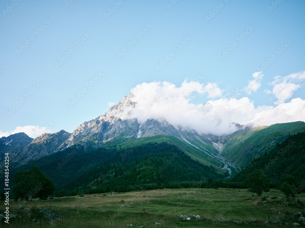 Fototapeta premium Mountains rise over a grassy meadow beneath a clear blue sky with fluffy clouds, creating a tranquil alpine landscape ideal for nature, travel, and outdoor inspiration in stock photography