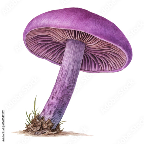Enchanting purple mushroom close-up, showcasing the delicate gills and vibrant color, perfect for fantasy, nature, or whimsical design projects