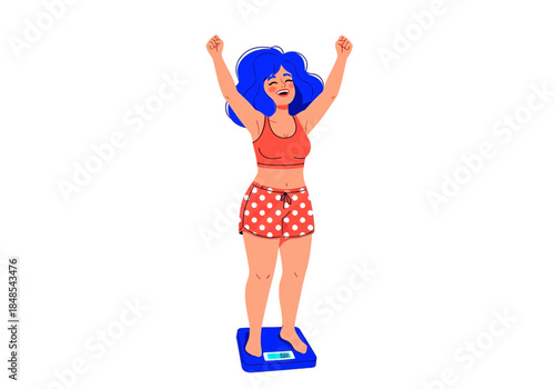 Happy woman celebrating successful weight loss while standing on a digital scale
