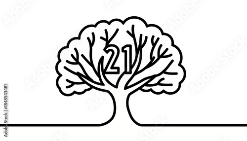 Minimalist outline illustration of a tree with the number 21 integrated into its branches, symbolizing growth and milestones.