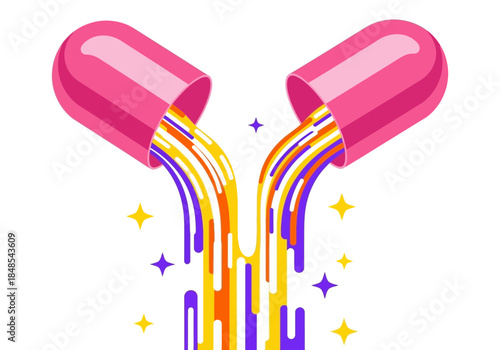 Vibrant pink capsule opening and spilling colorful liquid streams with sparkling star shapes