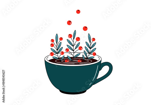 Minimalist illustration of a dark teal coffee cup filled with hot beverage and growing stylized plant sprigs with red berry decoration