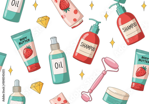 Seamless pattern with various cosmetic product bottles, jars, and a face roller for beauty and skincare routine background