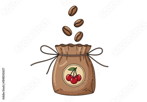 Hand drawn illustration of coffee bean falling into a small brown burlap sack with cherry label