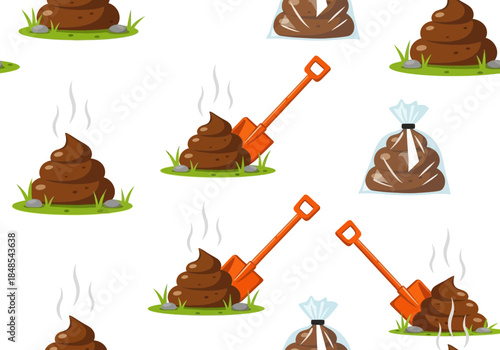 Seamless pattern with steaming piles of cartoon poop, shovel, and dog waste bags on