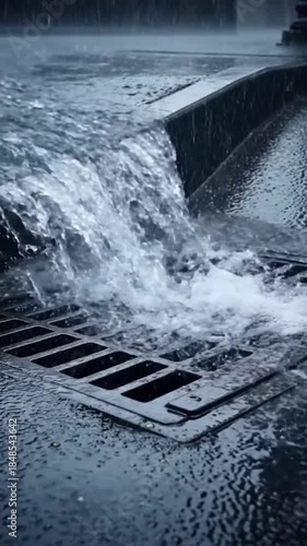 Heavy rain gushes down a wet street, cascading into a dark storm drain grate