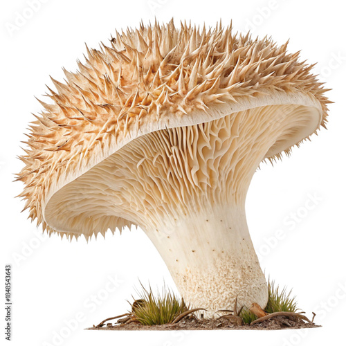 Majestic mushroom with spiky cap and intricate gills, a natural wonder for culinary inspiration and earthy designs evoking freshness and organic beauty