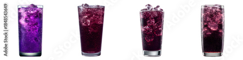 Obraz  z motywem Set of purple sparkling soda in glass with ice, isolated on transparent background