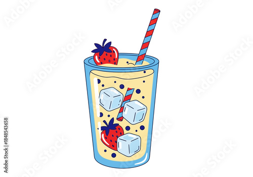 Hand drawn illustration of a refreshing cold strawberry lemonade drink with ice cubes and a striped straw in a tall glass