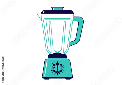 Simple turquoise and dark blue illustration of a kitchen blender appliance with a clear pitcher and control dial