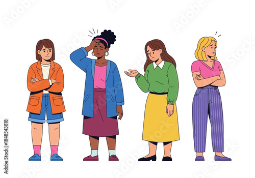 Four diverse young woman standing with different negative emotion like anger frustration confusion and disappointment