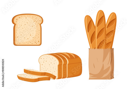 Collection of various bread types including sliced loaf, single slice, and baguettes in a paper bag