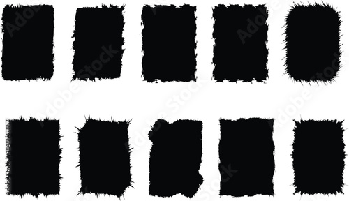 Set of Ten Abstract Black Grunge Frames and Borders with Rough Textured Edges