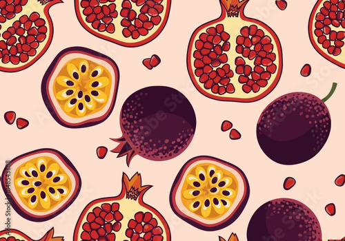 Seamless pattern with stylized pomegranate and passion fruit halves and whole fruit on light background