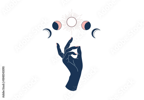 Mystical hand holding celestial bodies showing sun and moon phases