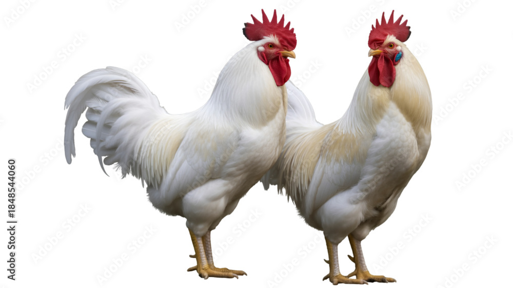 Fototapeta premium Two white roosters with red combs and wattles standing side by side isolated on transparent background