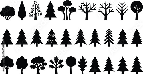 Tree silhouette icons collection, pine deciduous abstract forest shapes set, nature woodland symbols vector illustration isolated on white background