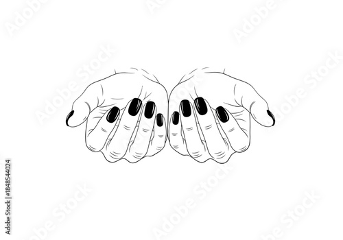 Minimalist black and white line art drawing of two cupped hands with dark painted fingernails