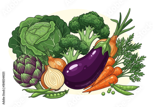 Colorful assortment of fresh garden vegetables including cabbage, broccoli, eggplant, carrot, onion, artichoke, and peas
