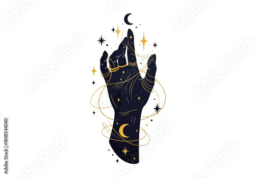 Mystical dark hand reaching up with golden stars, crescent moon, and swirling celestial energy