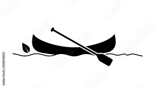 Black and white illustration of a canoe with a paddle on water, featuring a small leaf for an eco-friendly touch.