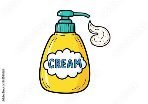 Cute cartoon illustration of a yellow lotion pump dispenser bottle labeled cream with a dollop of cream next to it