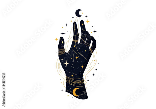 Mystical hand silhouette filled with starry night sky, crescent moon, and gold dust