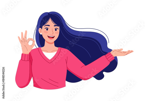 Smiling young woman with long dark hair making an okay hand gesture and presenting something