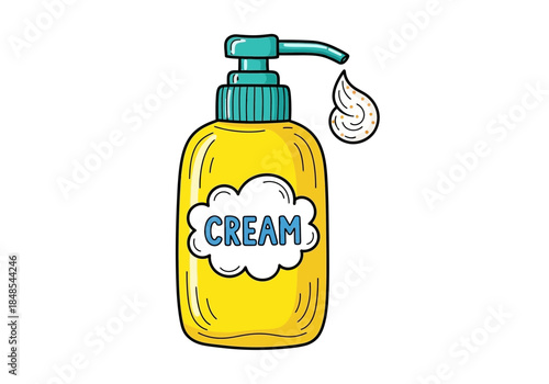 Hand drawn cartoon illustration of a yellow lotion dispenser bottle with the word cream on it