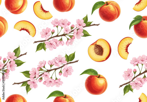 Watercolor seamless pattern with ripe peach fruit and delicate pink cherry blossom branch