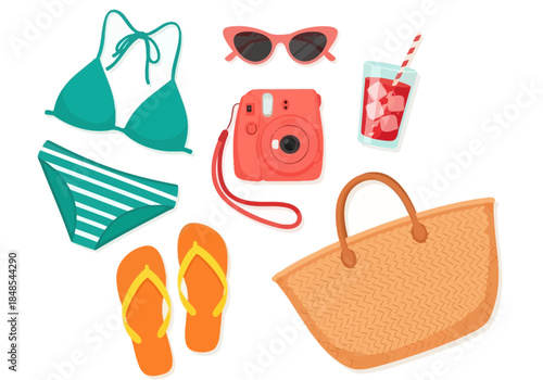 Collection of summer beach vacation essential items including bikini, sunglasses, instant camera, drink, flip flop, and straw bag