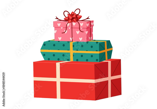 Stack of three colorful wrapped gift boxes tied with a red ribbon bow