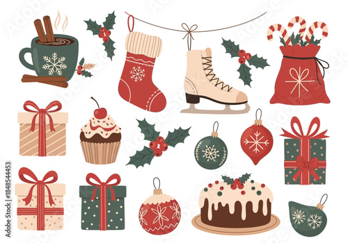 Collection of festive christmas and winter holiday icons including hot chocolate, ice skate, stocking, gift box, cake, and holly