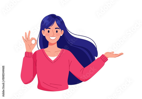Smiling young woman with long dark blue hair making an okay hand gesture and presenting something