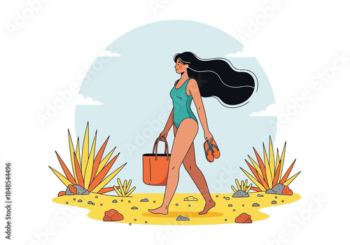 Young woman in turquoise swimsuit walking on a sandy beach with desert plant, carrying an orange tote bag and flipflop