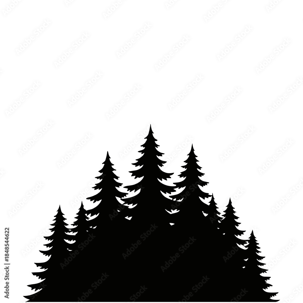 Obraz premium Silhouette of a dense forest with multiple tall evergreen trees in a dark black silhouette against a white background, evoking nature and the wilderness