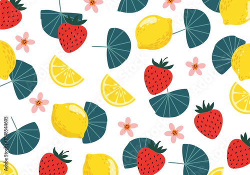 Seamless pattern with bright red strawberry and yellow lemon fruit illustration on