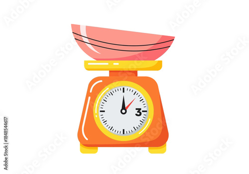 Colorful kitchen scale with a pink bowl on top, measuring weight in a flat illustration style