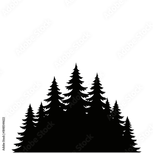 Silhouette of a dense forest with multiple tall evergreen trees in a dark black silhouette against a white background, evoking nature and the wilderness