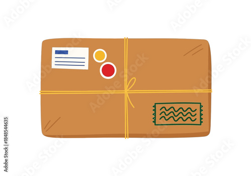 Top view of a rectangular brown cardboard package or parcel tied with string