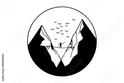 A solitary figure walks a tightrope suspended between two towering mountains under a flock of birds, symbolizing balance, adventure, and the human spirit's perseverance