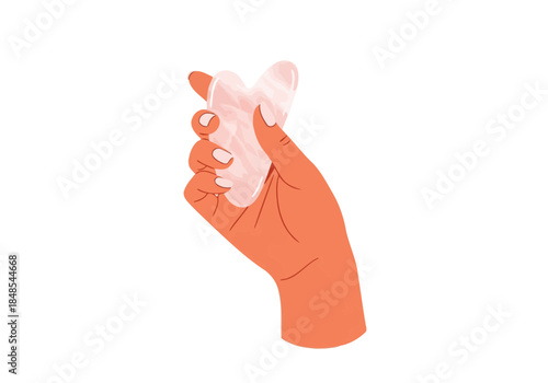 Illustration of a hand holding a pink quartz gua sha stone for facial massage and skincare routine