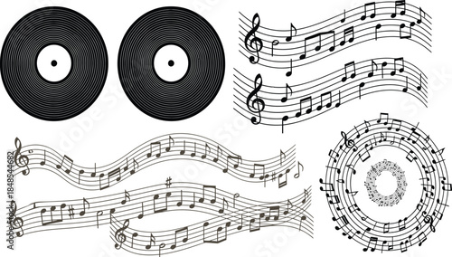 Collection of Vinyl Records and Musical Notes on White Background