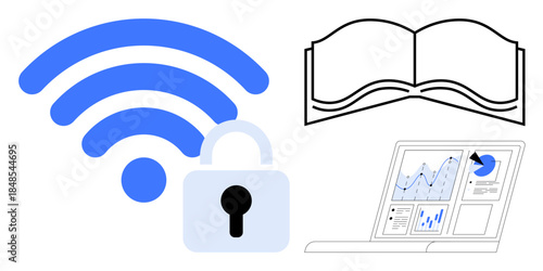 Network security, digital education, online research, data privacy, analytics tools, technology access. wireless symbol, padlock book and laptop with charts. Network security and digital education