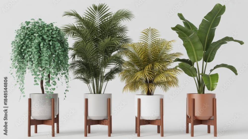 Fototapeta premium Four indoor plants in modern pots