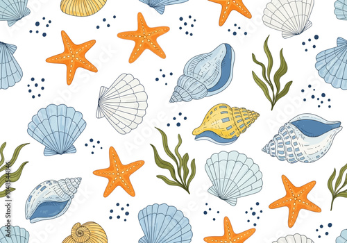 Seamless pattern with hand drawn sea shells, starfish, and seaweed on a for textile design