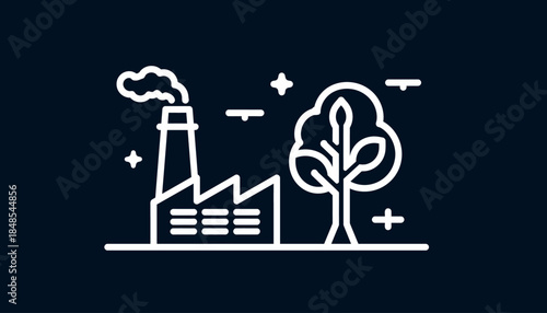 Industrial factory building with smoking chimney next to a green tree, representing environmental impact and sustainability concept.